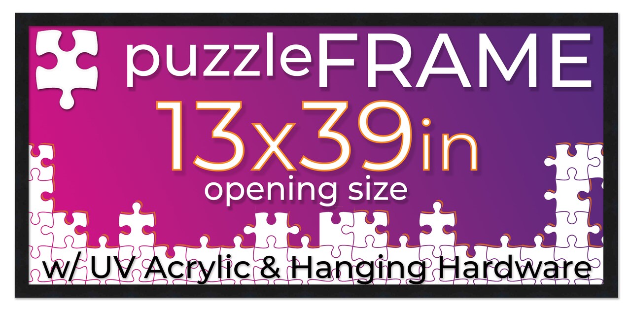 13x39 Jigsaw Puzzle Frame Kit - Kit Includes Puzzle Glue Sheets, Black Wood Puzzle Frame, UV Acrylic, Backing,, Hanging Hardware